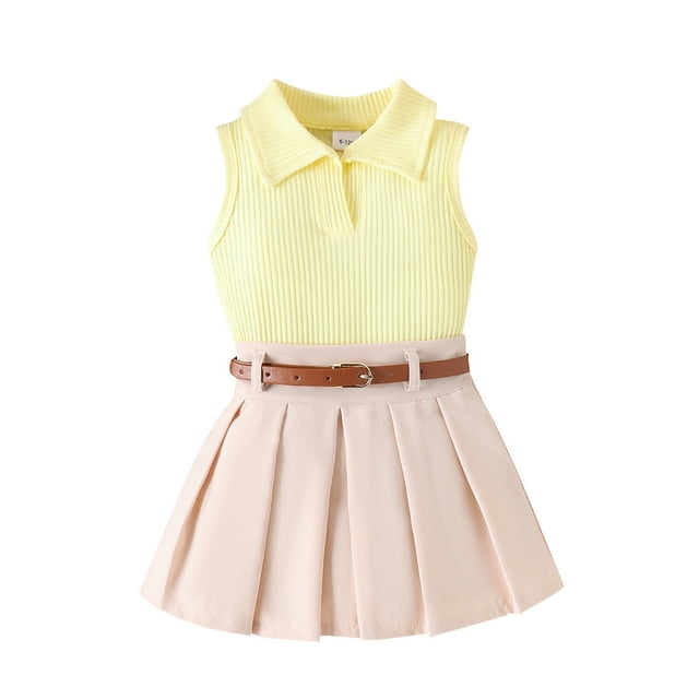 WEIYLL Outfit Sets For Girls Baby Infant Solid Sleeveless Ribbed Tops Vest Pleated Skirt 2Pcs Khaki Clothes Set Size 18M