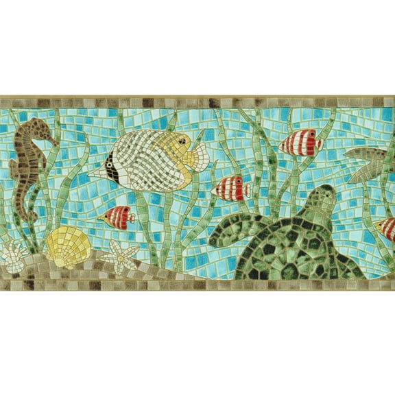Trimz Under the Sea Tile Mosaic Wallpaper Border - Blue, Green 15' L x 8.2" W - Bathroom Wallpaper Border