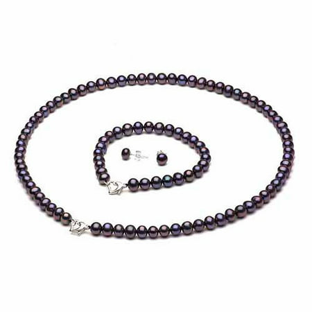 8-9mm Black Freshwater Pearl Heart-Shape Sterling Silver Necklace (18), Bracelet (7) Set with Bonus Pearl Stud Earrings