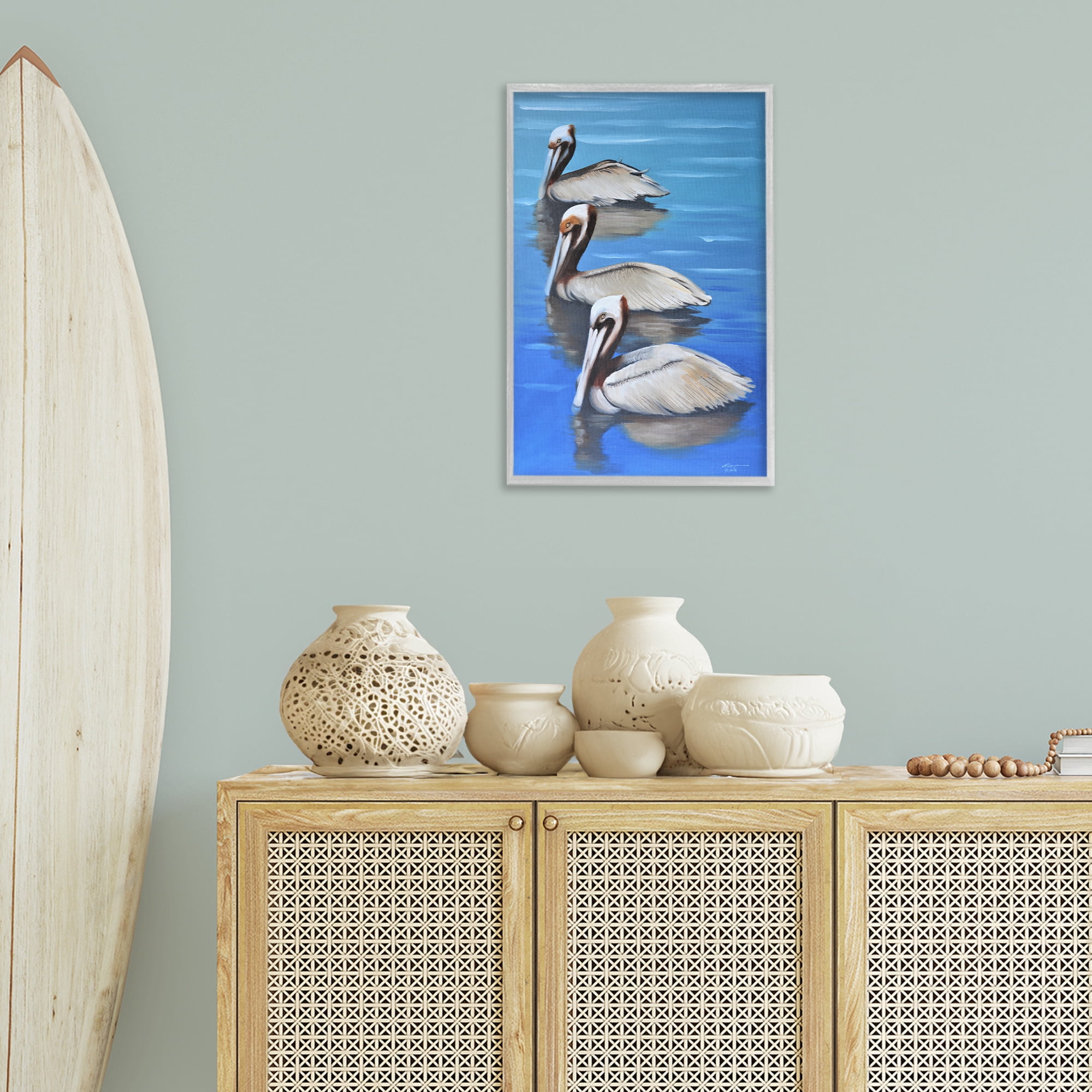 Stupell Industries Pelican Trio Drifting Animals & Insects Painting Gray Framed Art Print Wall Art, 16 x 24