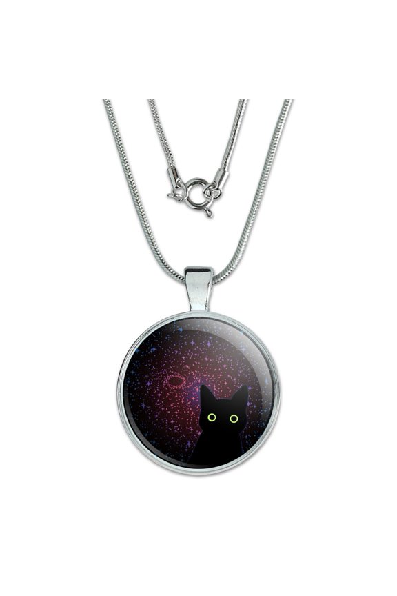 Black Cat in Space with Stars and Galaxy 1" Pendant with Sterling Silver Plated Chain