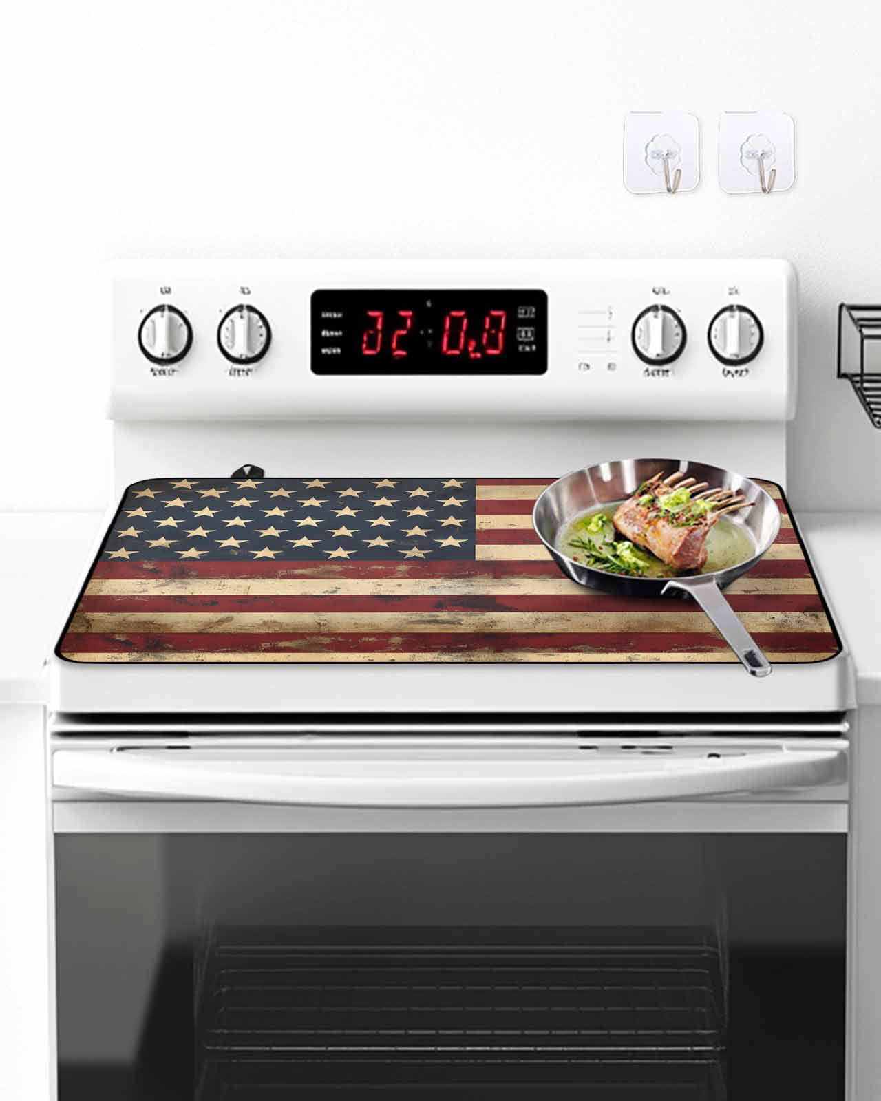 Stove Top Covers for Electric Stove, Retro American Flag Glass Stovetop Cover Protector, Vintage Shabby US Flag Induction Cooktop Protector Oven Mat for Kitchen Countertop 28.5"x20.5"