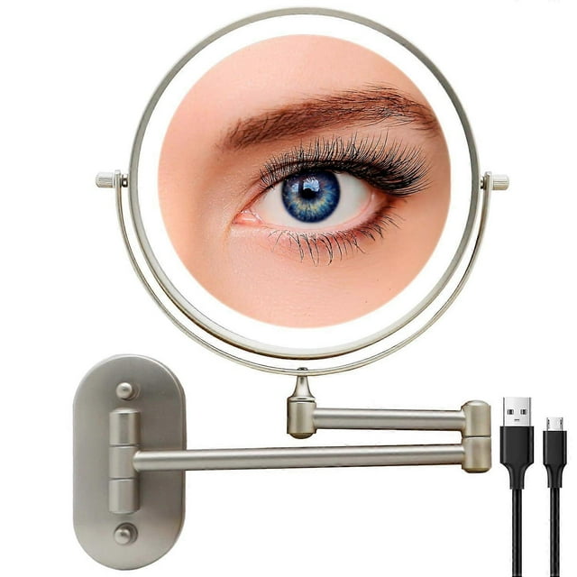 Rechargeable wall-mounted illuminated vanity mirror, extendable double-sided vanity mirror with 10x magnification - brush nickel