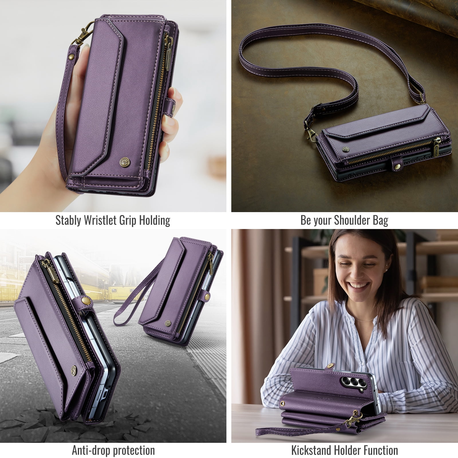 Asuwish Compatible with Samsung Galaxy Z Fold 7 5G 2025 Zipper Wallet Phone Case With pen slot Crossbody Lanyard Strap Flip Card Holder Slot Cell Cover for ZFold7 Z7 G Fold7 7Z Women Girls Purple
