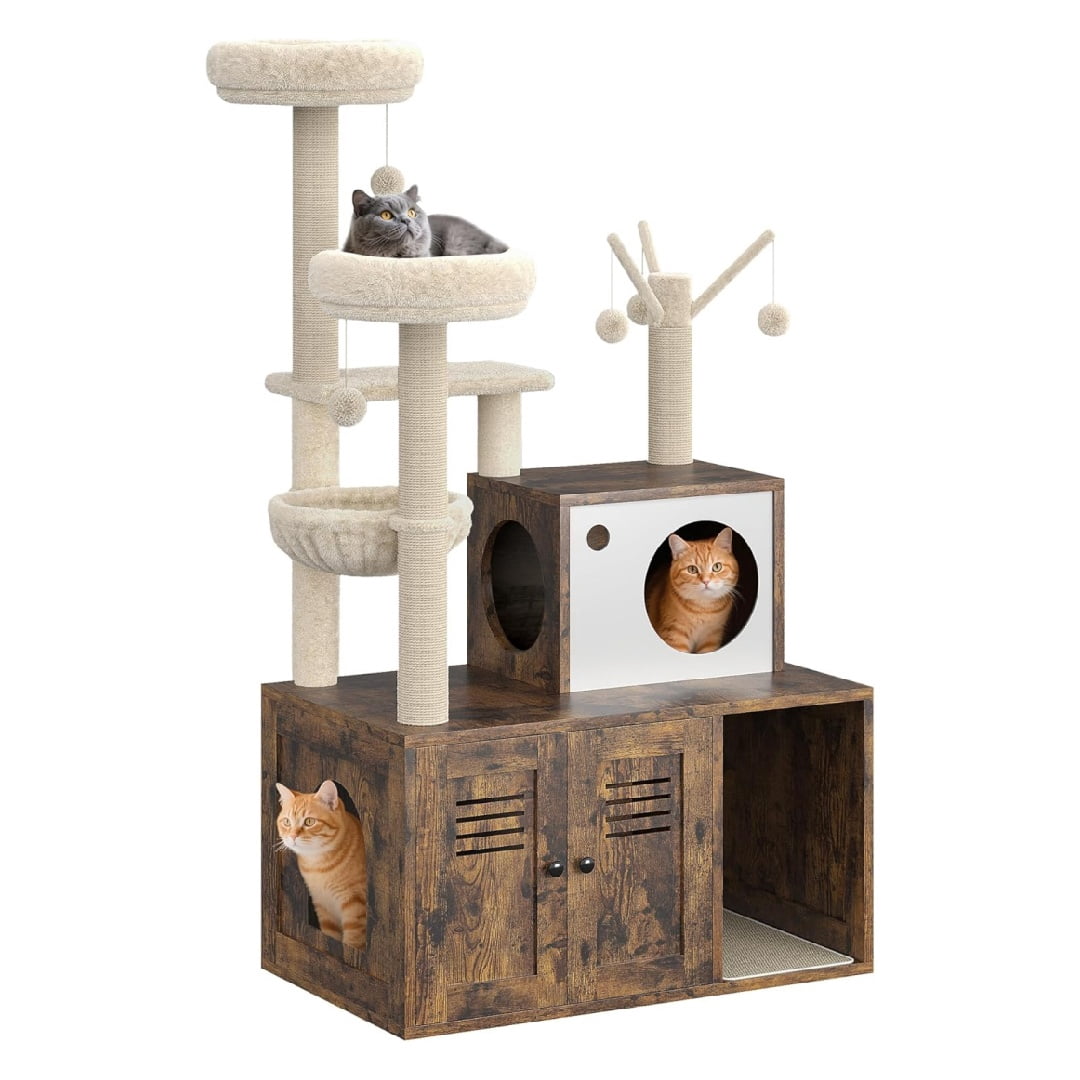 Large Cat Tree with Litter Box Enclosure,3-in-1 Cat Tower, Hidden Pet Washroom Litter Box Furniture,Wooden Multi-Level Cat Condo Furniture with Sisal Scratching Posts,Soft Plush Perch, Hammock