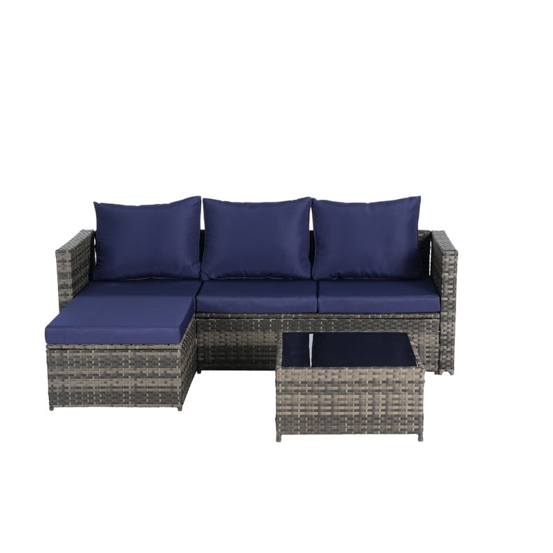 3-Piece Patio Furniture Set with Coffee Table, Outdoor L-Shaped Sectional Sofa Set with Ottoman, Wicker Outdoor Conversation Set for Backyard Poolside