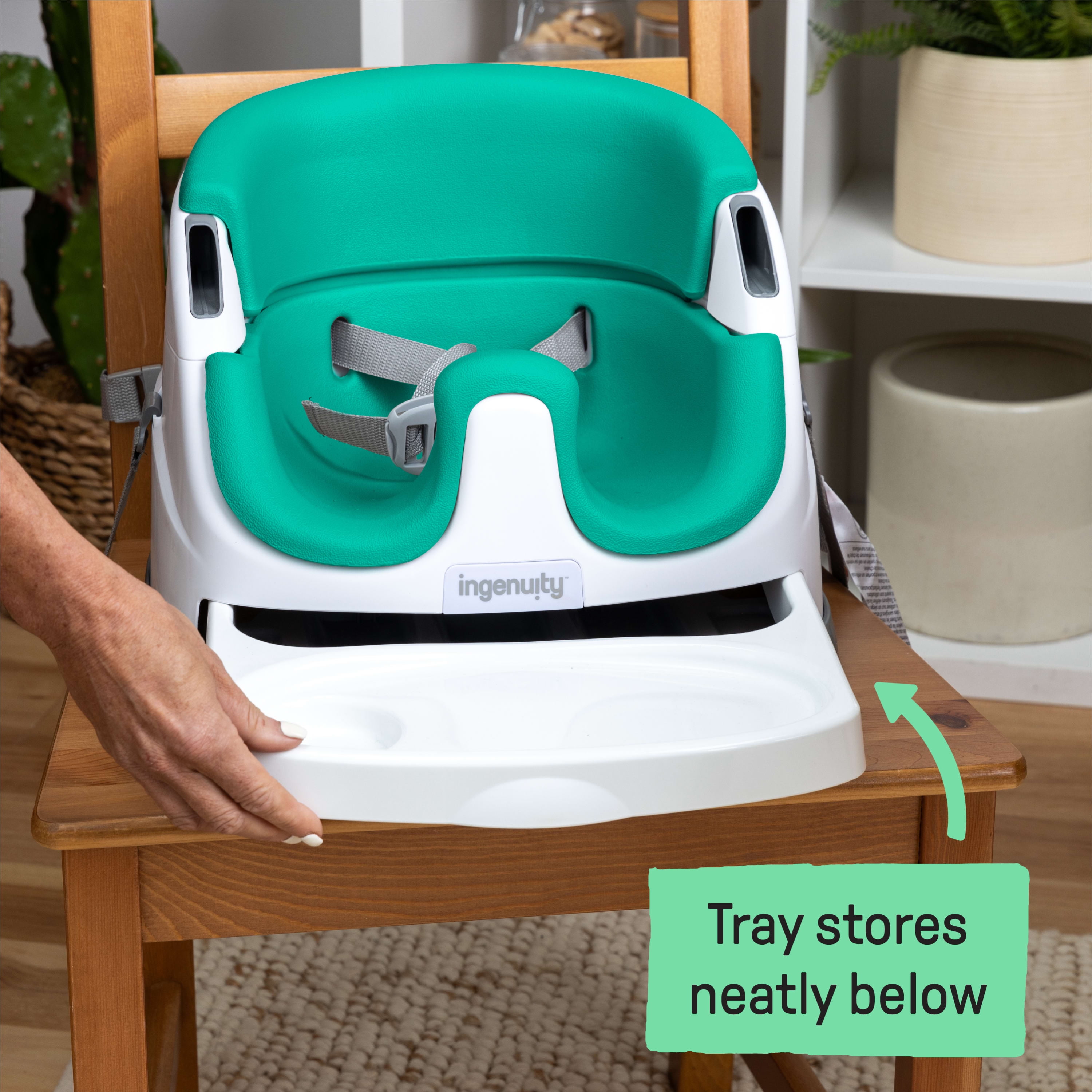 Ingenuity Baby Base 2 in 1 Booster Feeding High Chair and Floor Seat with Self Storing Tray Ultramarine Green