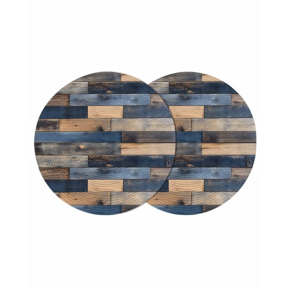 Navy Blue Brown Wood Round 13 Inch Placemats Set of 2, Farmhouse Vintage Wooden HeatResistant Non Slip Place Mats for Dining Table, Wipeable Braided Kitchen Table Mats for Housewarming