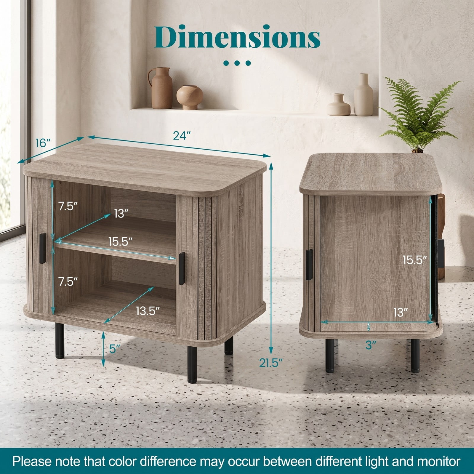Furnibear End Table Modern Mid Century Nightstand with Sliding Tambour Doors and Storage Shelf for Bedroom Living Room, Natural