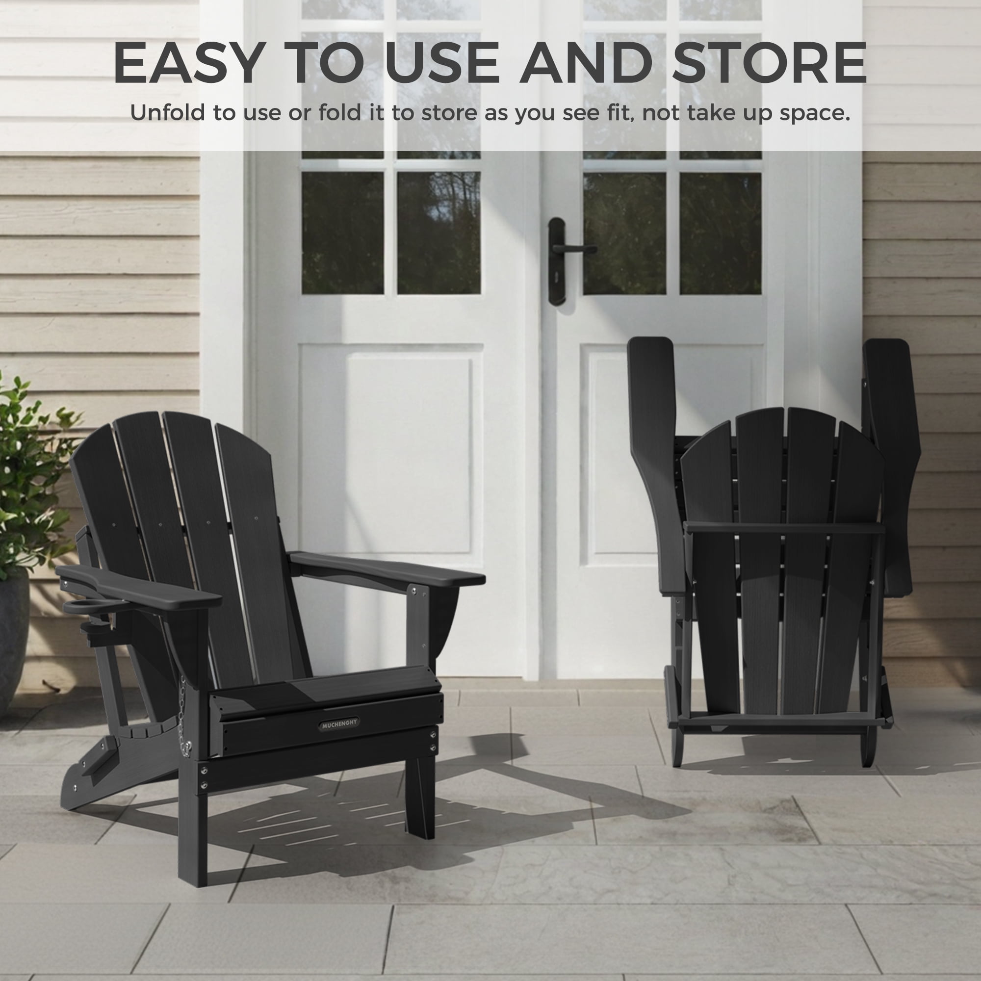 Folding Adirondack Chair Outdoor Patio Fire Pit Chairs with Cup Holder Porch Garden Black