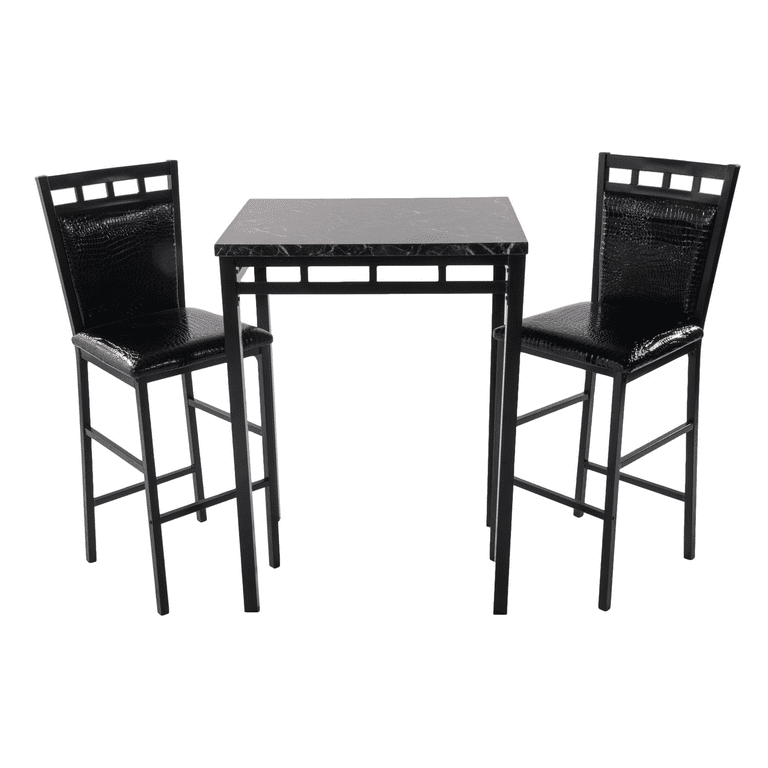 Home Source Eric 3 piece Bistro Set with Counter Height Black Faux Marble Table and 2 Textured Faux Leather Side Chairs