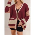 thumbnail image 3 of Women'S Fall Color Block Oversized Cardigan Sweater V-Neck Button Down Knit Cardigan Jacket Red S, 3 of 6