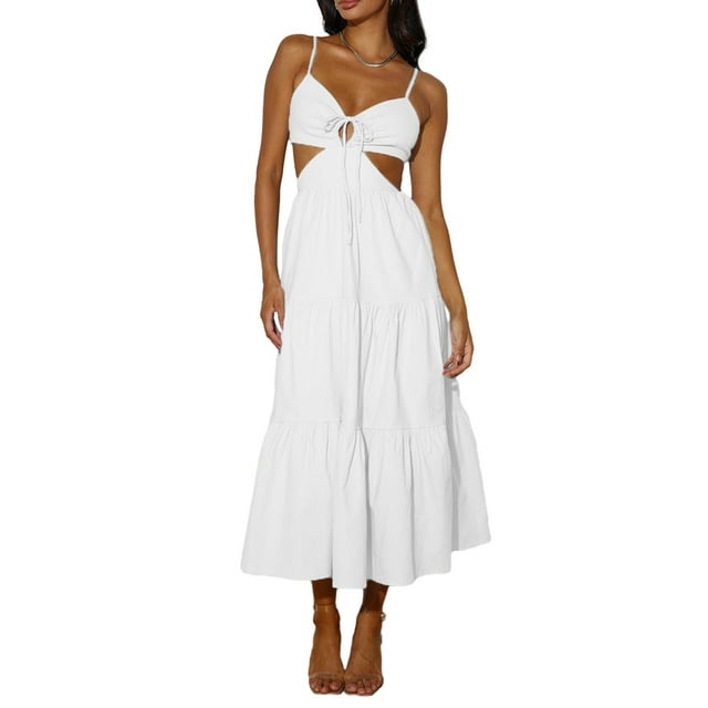 Kmbangi Robe Midi Cami d'Été pour Femmes Couleur Unie Spaghetti Sangle V-Cou Découpe Plage Robe Fluide