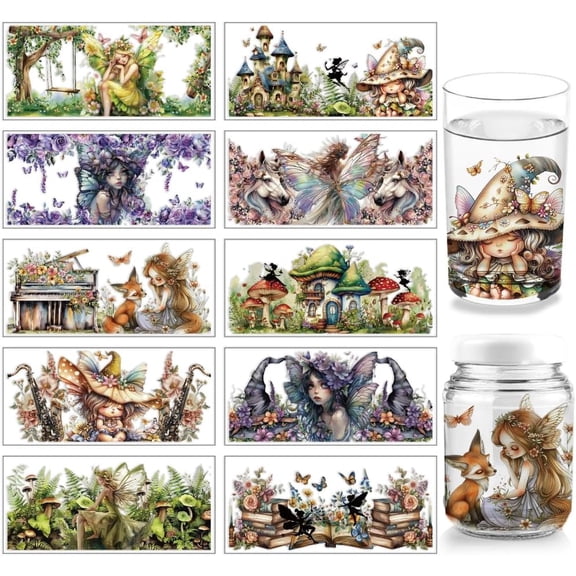 1 Set 10 Sheets Fairy Theme UV DTF Cup Wrap for 16OZ Glass Tree Castle Butterfly Horse Wings Elf Rub on Decals Dreamful Transfer Stickers for DIY Bottles Wood Garden Decor Women