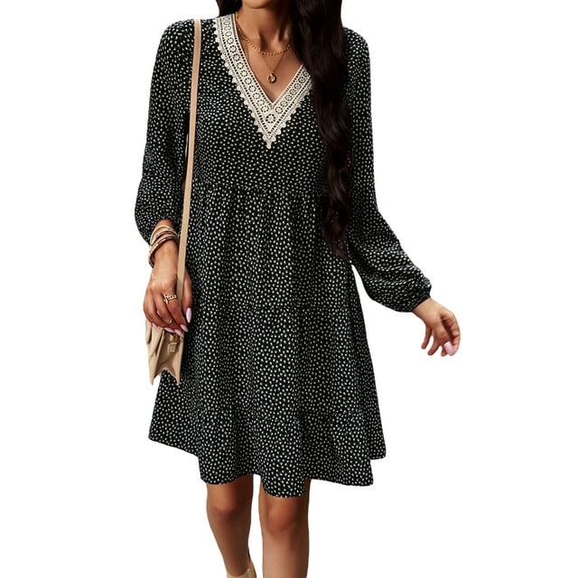 ZAXARRA Robe d'Été à Manches Longues à Col en V à Taille Haute Mini-Robe avec Poches