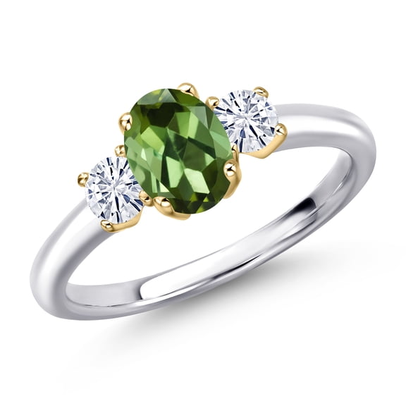 Gem Stone King 10K Two Tone Gold Green Tourmaline and White Moissanite Engagement Ring for Women | 1.02 Cttw | Oval 7X5MM | Gemstone October Birthstone | Size 6