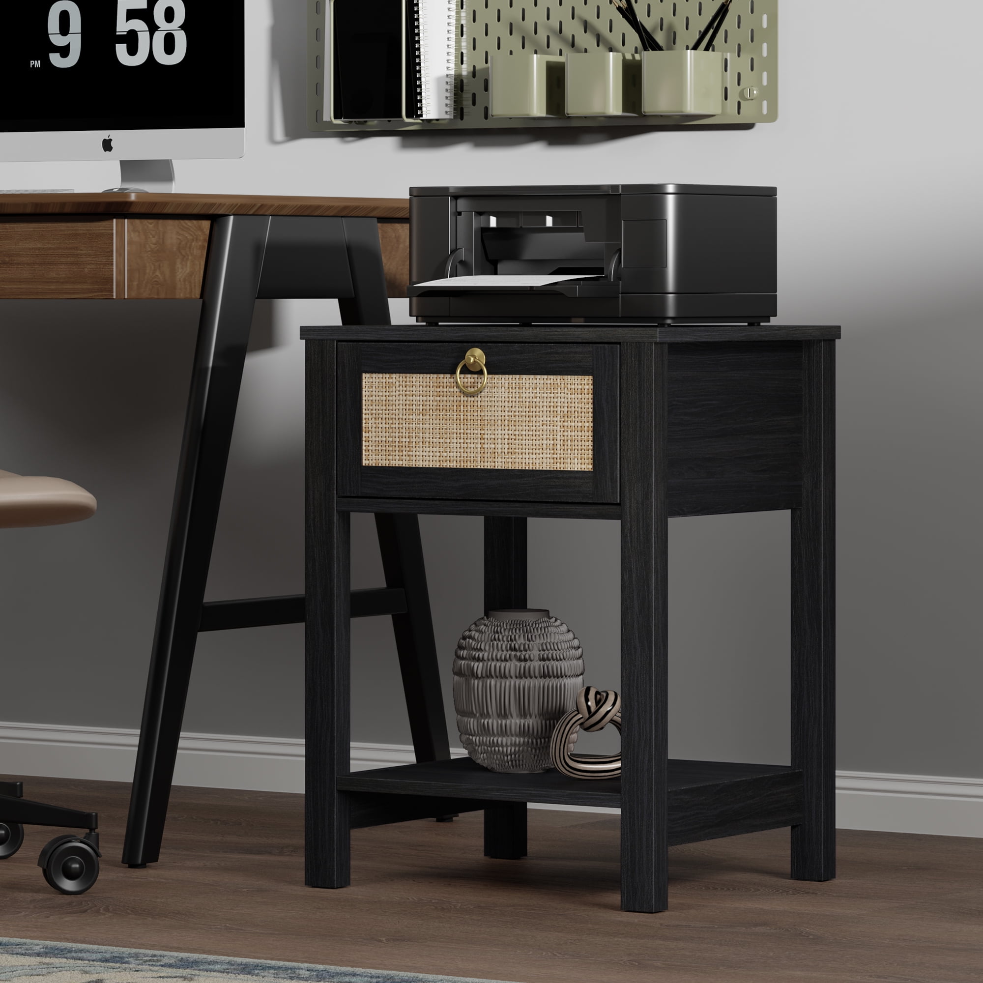 Surmoby 17.72"W Small Boho Nightstand Set of 2 with Rattan Drawer & Open Shelf, Coastal Farmhouse Bedside Table for Bedroom,Black