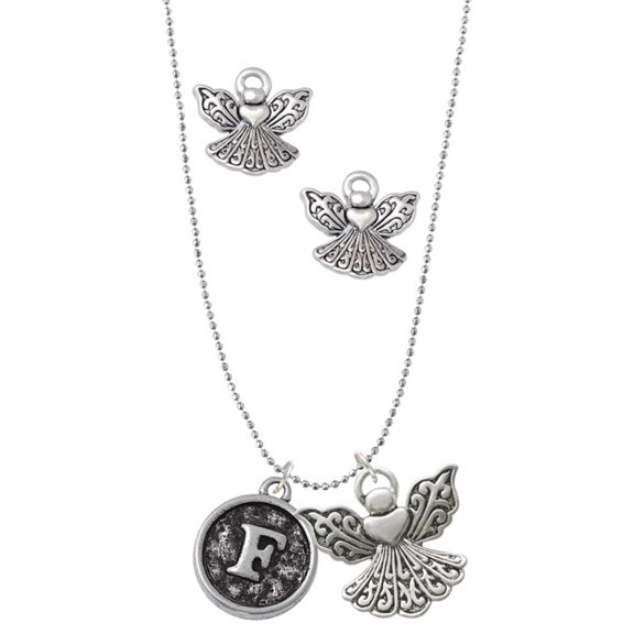 Delight Jewelry Silvertone Antiqued Round Seal - Initial - F - Silver tone Guardian Angel Charm Necklace and Stud Earrings