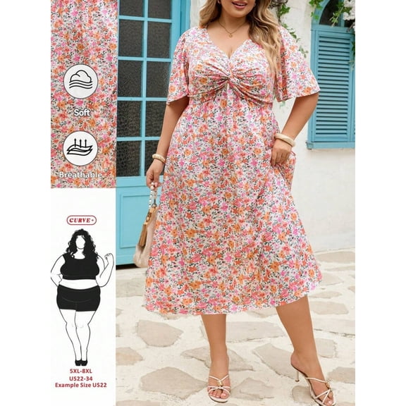 Pink Floral Ruffle Short Sleeve Plus Size Casual Vacation Dress For Women