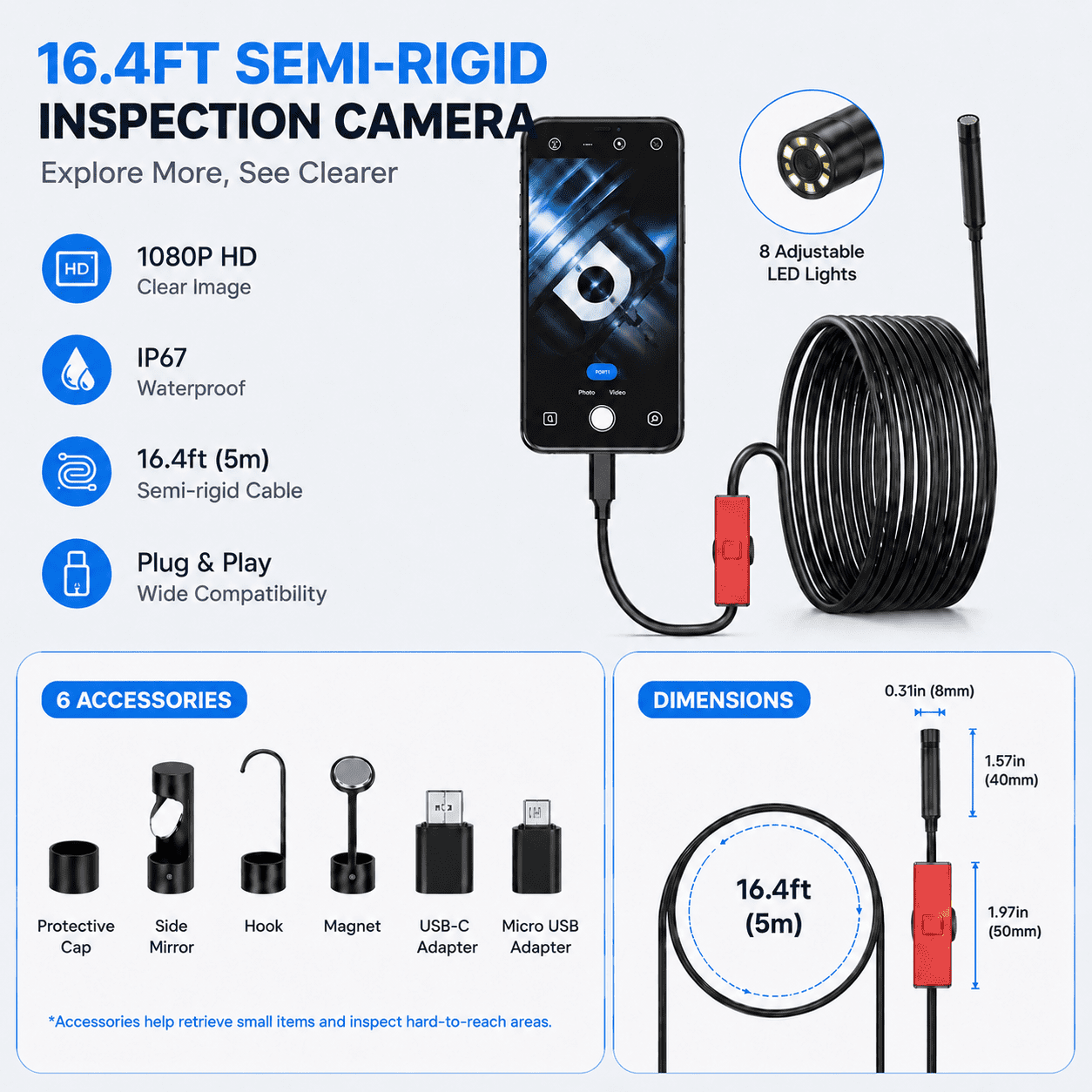 BOGYKIK 1080P HD Endoscope Camera with Light, 16FT Semi-Rigid Snake Camera for iPhone & Android, IP67 Waterproof Borescope Inspection Camera with 8 Adjustable LEDs
