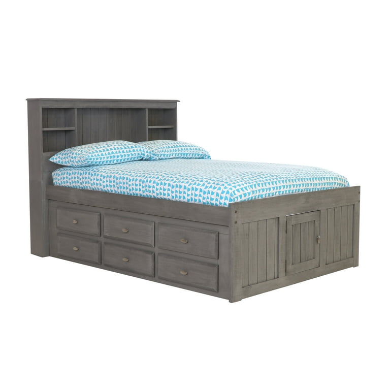 Discovery World Furniture Full Size Bed Frame with Headboard Bookcase Captain Bed with 6 Drawers Full Size Bed with Storage Charcoal