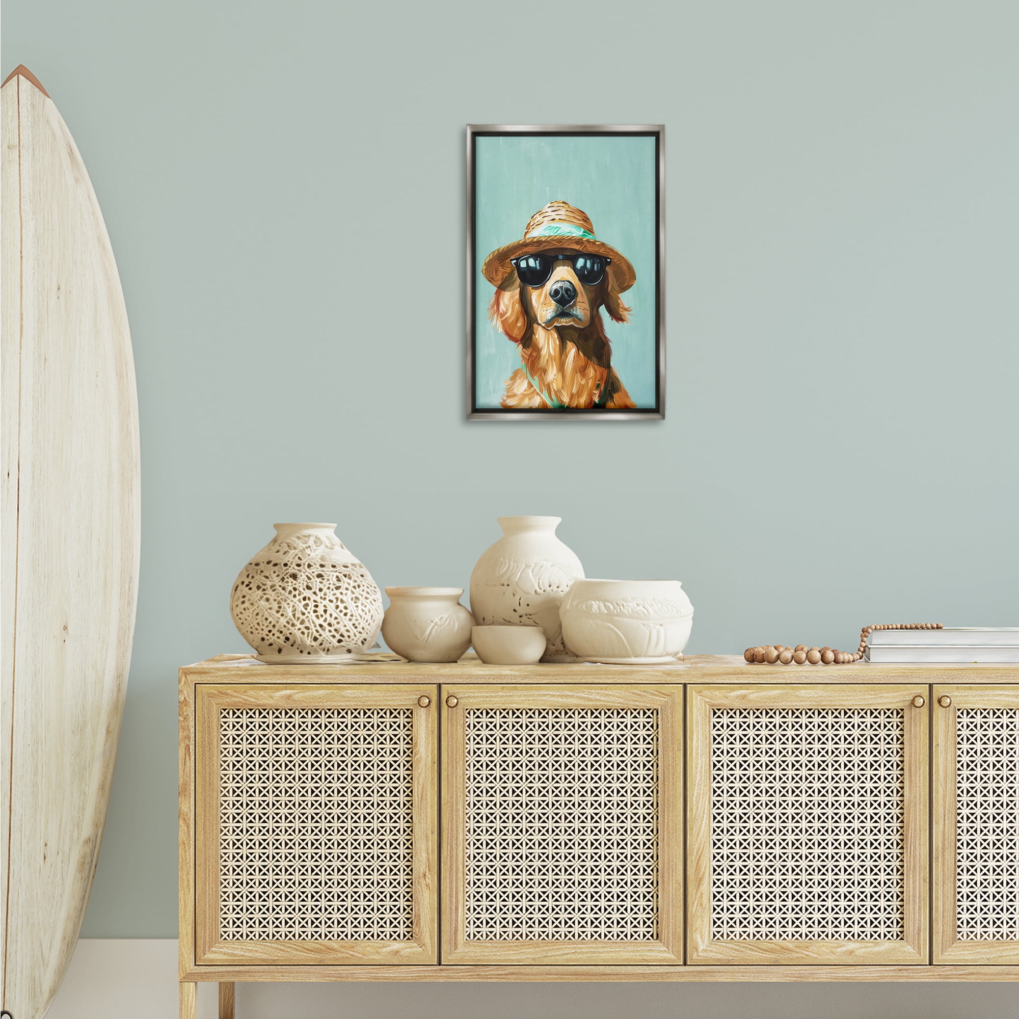 Stupell Industries Beach Ready Dog Animals & Insects Painting Gray Floater Framed Canvas Art Print Wall Art, 17 x 25