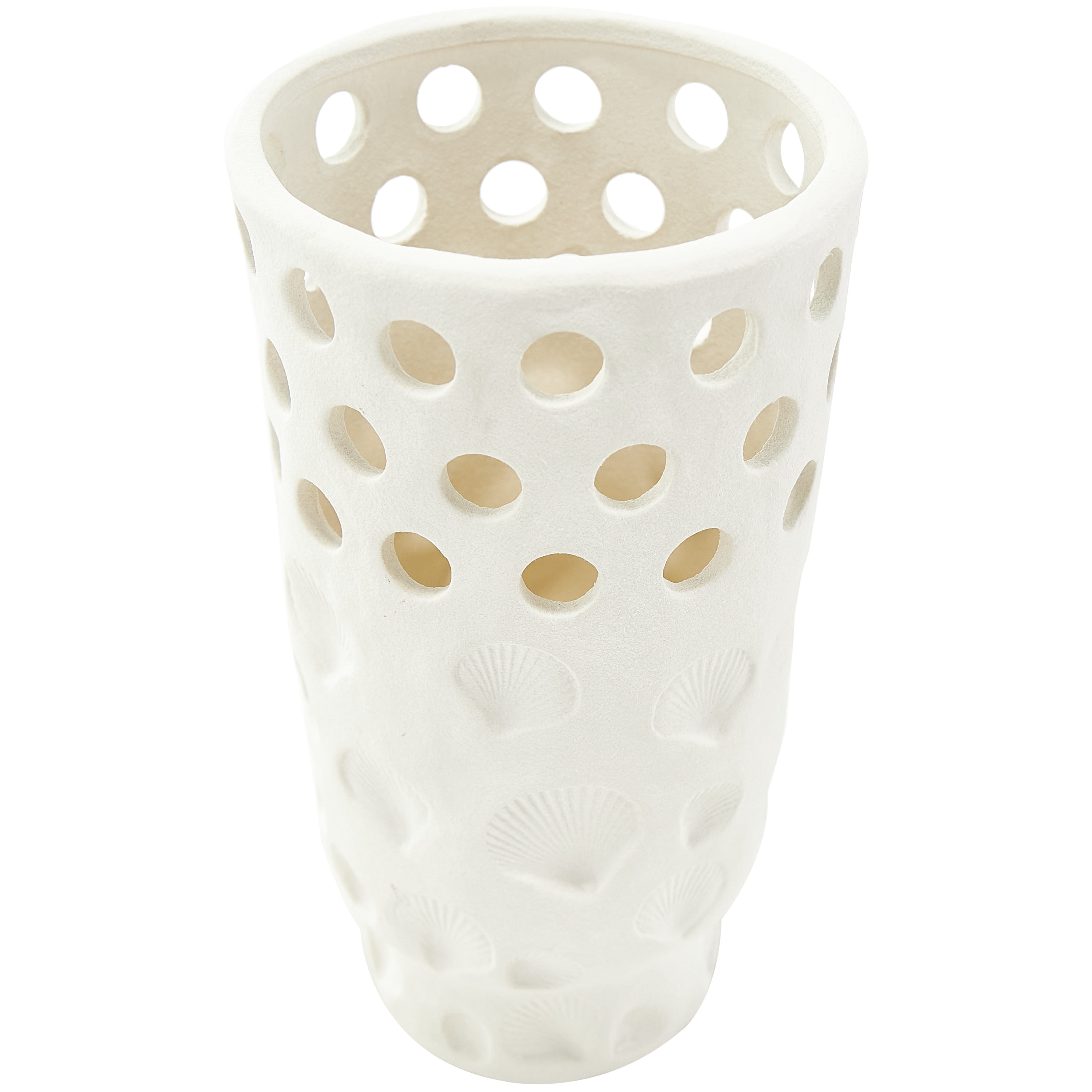 DecMode 13" Shell White Ceramic Vase with Circular Cutouts