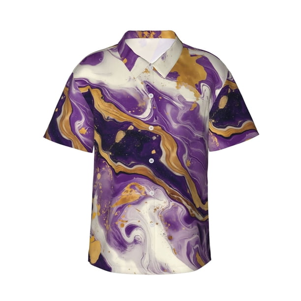 Balery Purple Gold Marble Swirls Camisas hawaianas de manga corta para hombre, camisas playeras de corte holgado, camisas de vacaciones con botones,Large