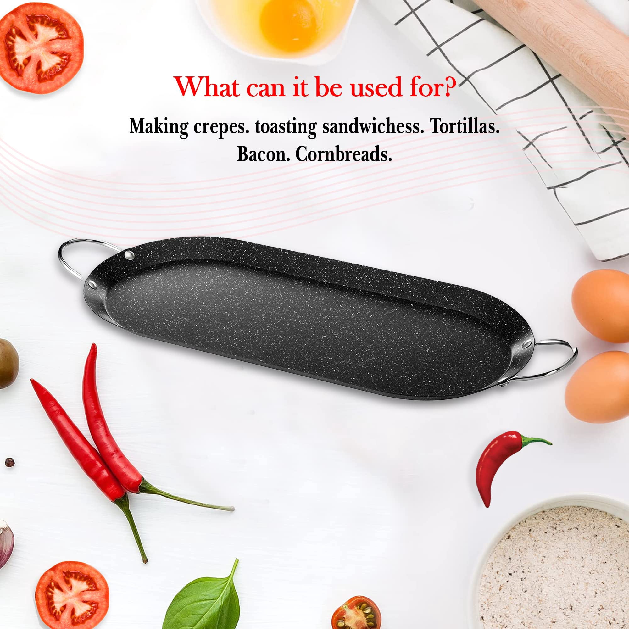 Alpine Cuisine Oval Comal Griddle 17.5x8in Nonstick Coating Black Griddle with Durable Double Handle - Durable, Heavy Duty Comal for Cooking - Even-Heating