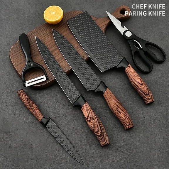 6-piece kitchen knife set, including a chef's knife, slicing knife, fruit knife, multi-purpose scissors, and peeler, a healthy and practical cooking knife set for home use