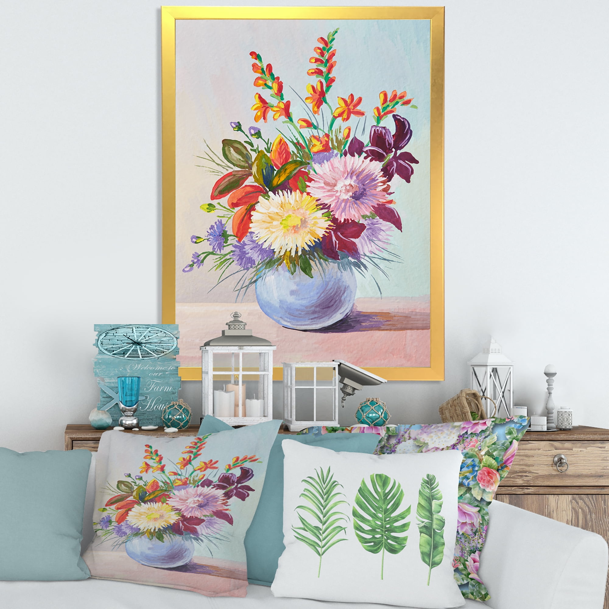 Designart 'Still Life With Asters On Colorful Flowers In Vase' Traditional Framed Art Print