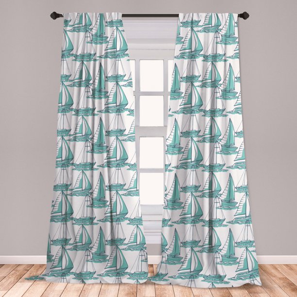Marine Curtains 2 Panels Set, Continuous Nautical Themed Pattern of