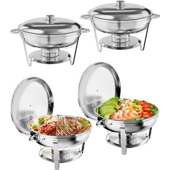 Tzou Stainless Steel Chafing Dish Buffet Set 4 Pack - 5QT Round Food Warmers w/Lid, Frame, Fuel Holder for Catering, Weddings, Parties