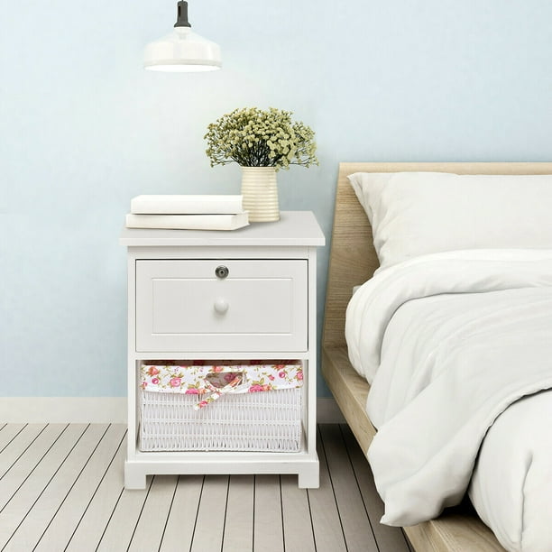Costway 2 Tiers Wood Nightstand 1 Drawer 1 Basket Bedside End Table Organizer White Walmart Com Walmart Com