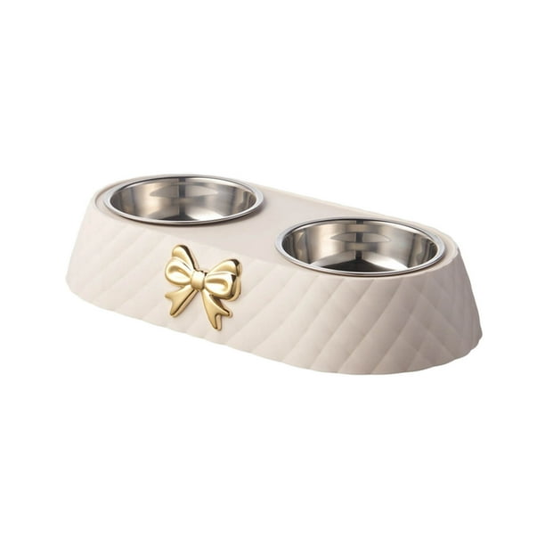 Comederos dobles de acero inoxidable para perros y gatos | Soporte decorativo con lazo y alfombrillas antideslizantes | Juego de comedero para mascotas pequeñas y medianas