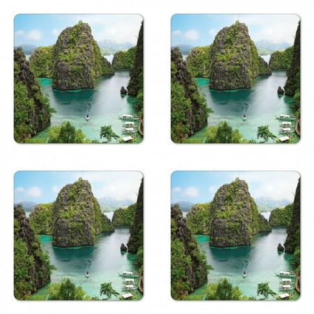

Island Coaster Set of 4 Landscape of Majestic Cliff in Philippines Wild Hot Nature Resort Off Picture Square Hardboard Gloss Coasters Standard Size Green Brown Blue by Ambesonne
