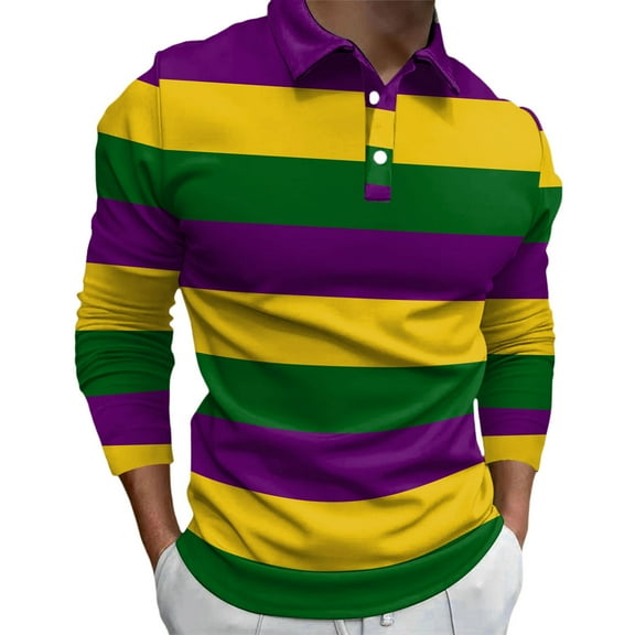 Mens Casual Fashion Color Matching Striped Shirt Base Carnival Digital Print Button Casual Lapel Long Sleeve T Shirt