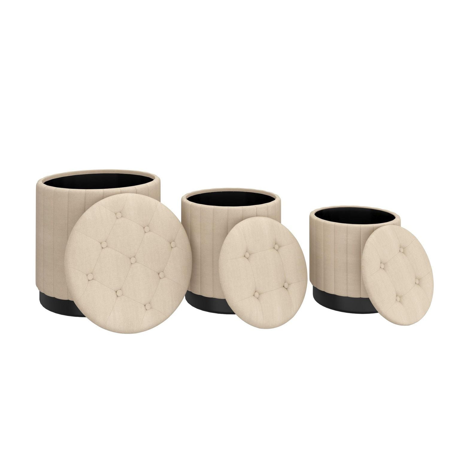 Ensemble de 3 ottomanes de rangement rondes modernes en tissu et en acier inoxydable – beige et noir