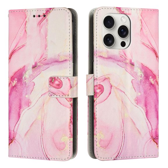 Compatible for iPhone 16 Pro Wallet Case for Women Girls, Marble Pattern PU Leather Flip Cover with Card Holder Kickstand Strap, Shockproof Protective Phone Case for iPhone 16 Pro, Rosegold