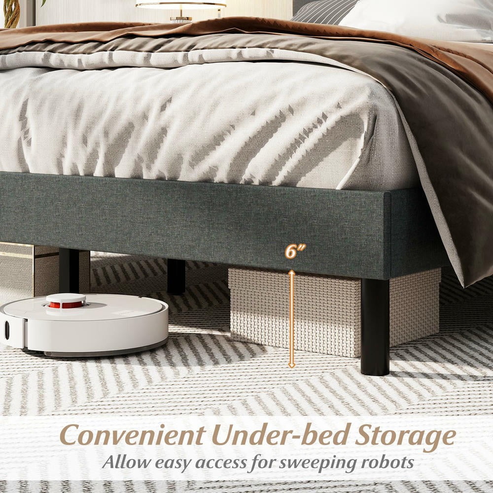GVN Queen Size Upholstered Sturdy Bed Frame, Linen Platform Bedroom Platform Bed Frame for Apartment, Bedroom, Dark Gray