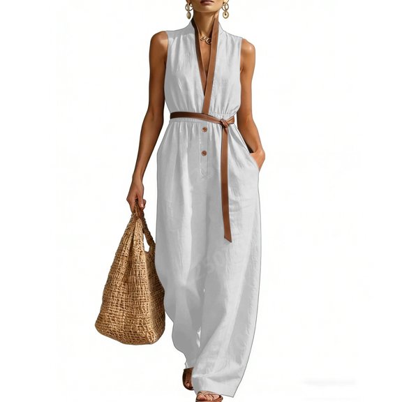 Guluxicc Women's Contrast Trim Elastic Waist Pleated Wide Leg Jumpsuit Casual Belted Stand Collar Sleeveless Loose Fit Rompers
