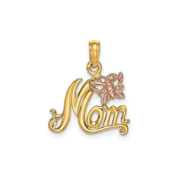 10k Two-Tone Gold Mom Pendant with Rose Gold Butterfly, Script Necklace Charm for Women, Sentimental Fine Jewelry Symbolizing Love and Transformation