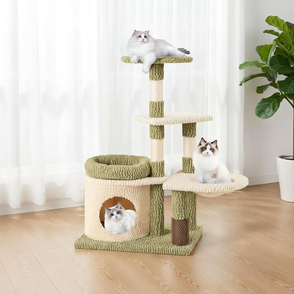Yardi Yarda 38" Multi-Level Aesthetic Kitten Tower w/Condo & Bed, Corner Cat Tree, Cat Climbing Tower, Cat Towers for Indoor Cats-Green