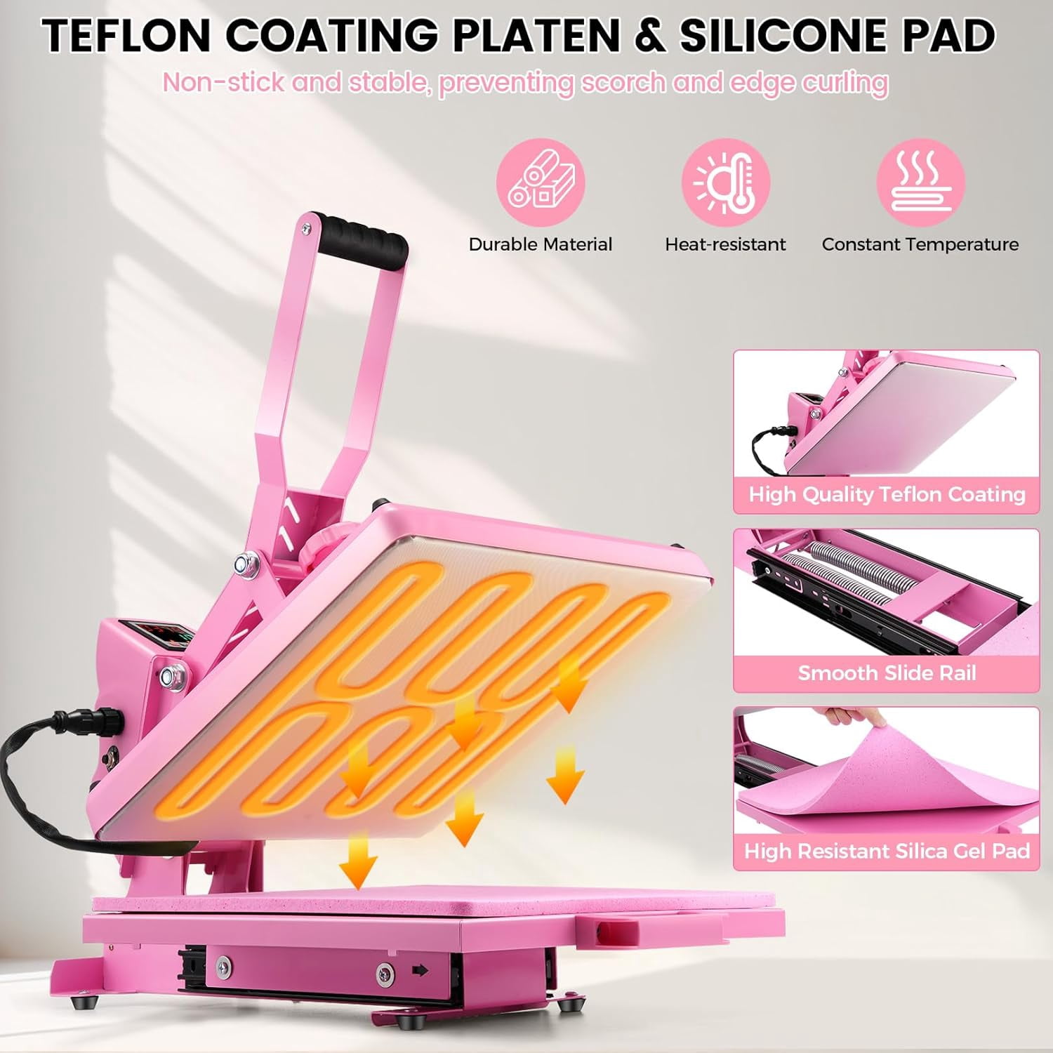 Adnoom Clamshell Heat Press 15x15 with Slide Out Design, Industrial-Quality Sublimation Press with Dual Tube Heating System, Digital Heat Transfer Machine for T-shirt, Mouse Pad, Pillows, Pink