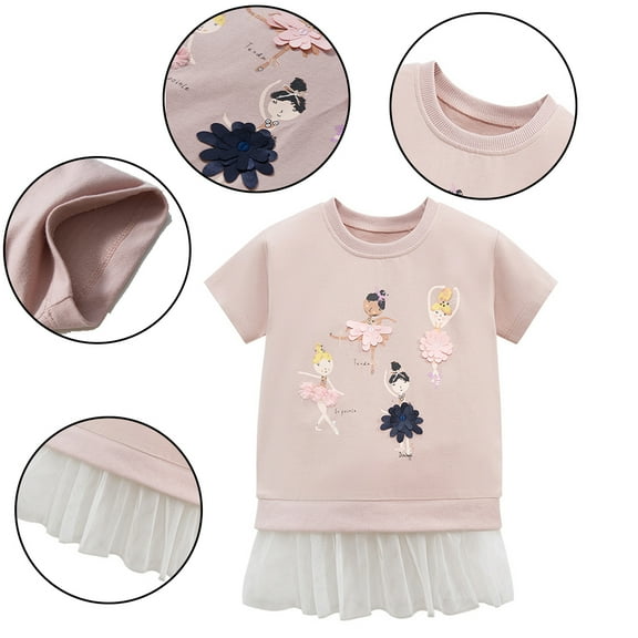 Kkkded Kids Toddler Cotton Dress for Girls,Summer Little Short Sleeve Dresses Casual Swing Twirly Sundress Soft Cute Cartoon Comfortable Baby Princess Dresses,Size 2-7Years