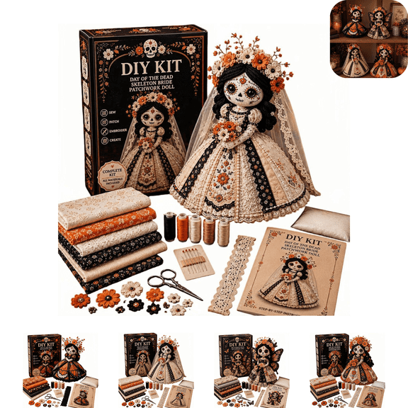 Day of the Dead Patchwork Doll DIY Sewing Kit, Monarch Butterfly Marigold Spirit Fabric Doll Craft Kit, Fall Craft Room Display Collector Gift C