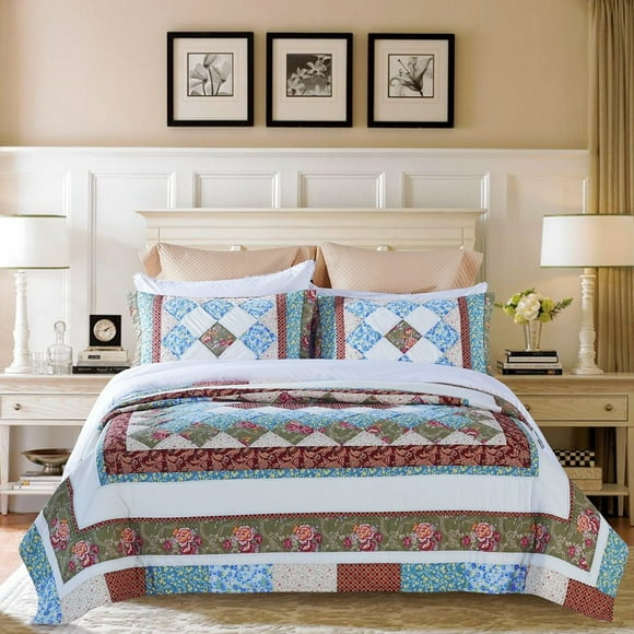 Calla Angel Meadow Handmade Pure Cotton Patchwork Quilt Set, 3 Piece, Queen