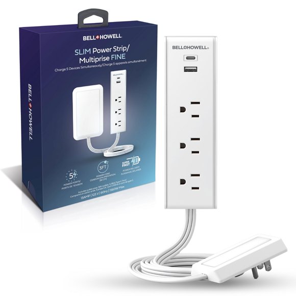 Bell + Howell Slim 5 in 1 Power Strip with Cord Concealer Kit Surge Protection USB and USB C Ports 3 Ft Power Cord