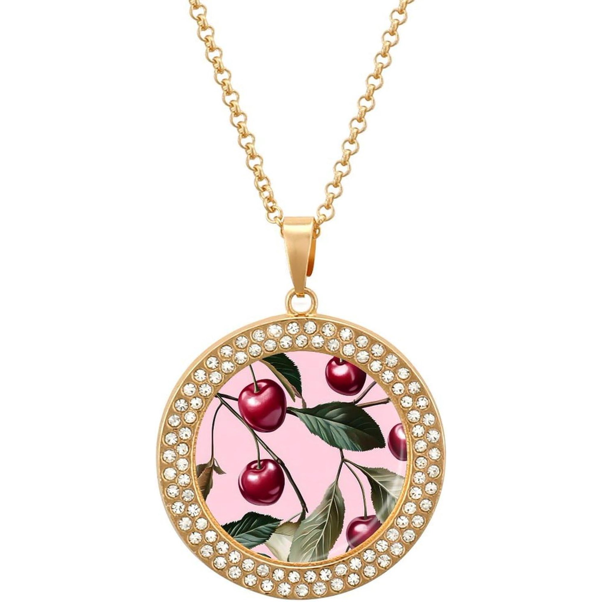 Cherry and Leaves Womens Necklaces Inlaid Crystal Round Alloy Pendant Necklace Petite Gift Jewelry[e307]