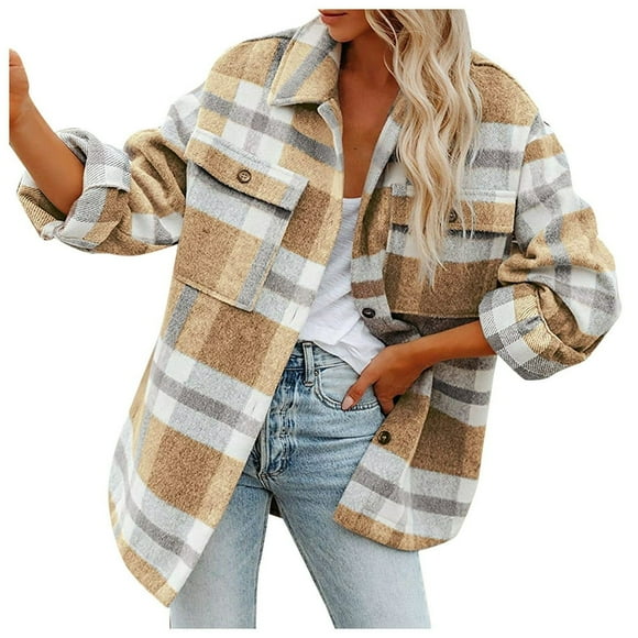 Womens Casual Plaid Shacket Wool Blend Button Down Long Sleeve Shirt Fall Jacket Shackets